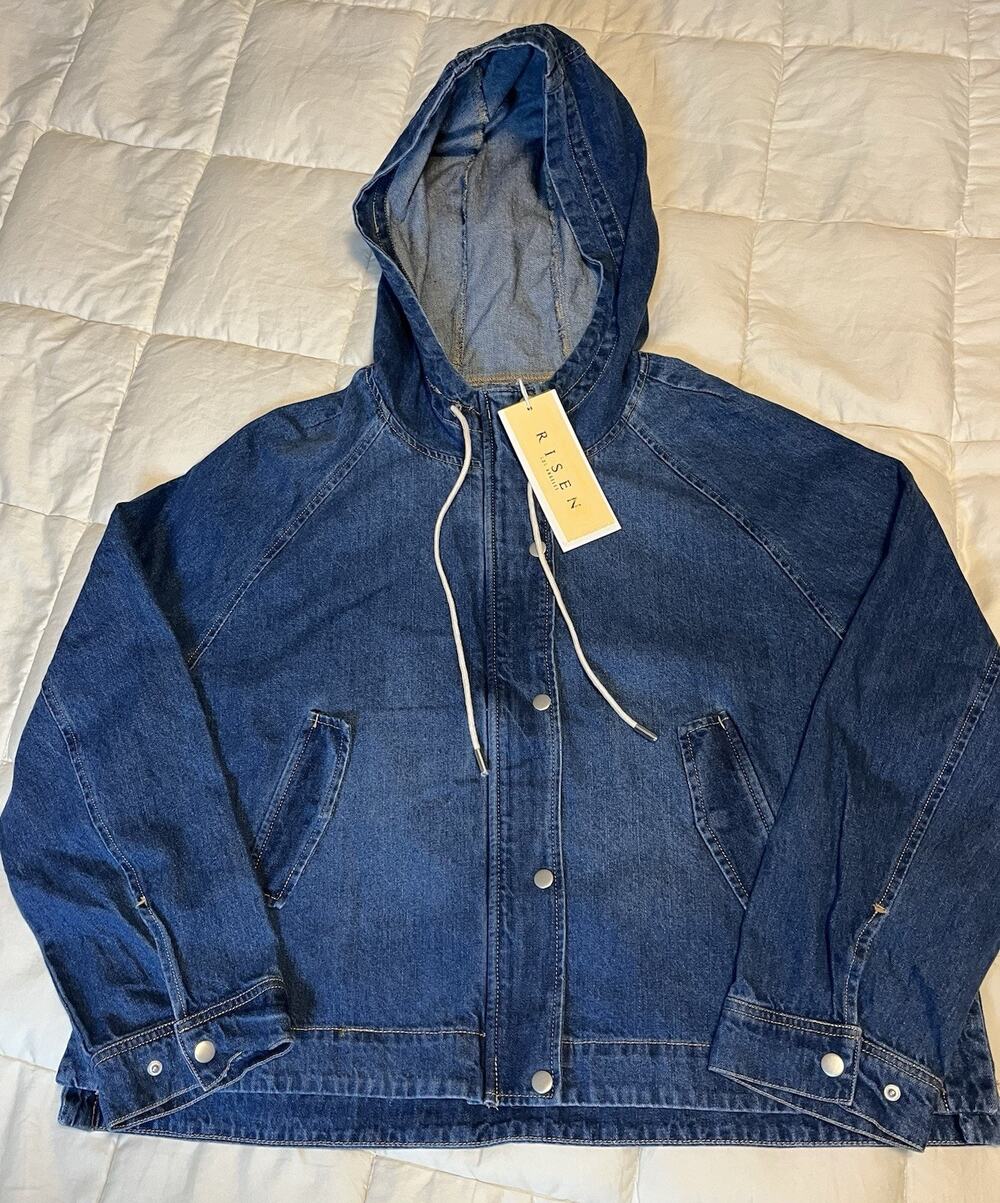 NWT Risen Los Angeles Dark Wash Denim Hoodie Jacket Blue Size L Style RDJ9194